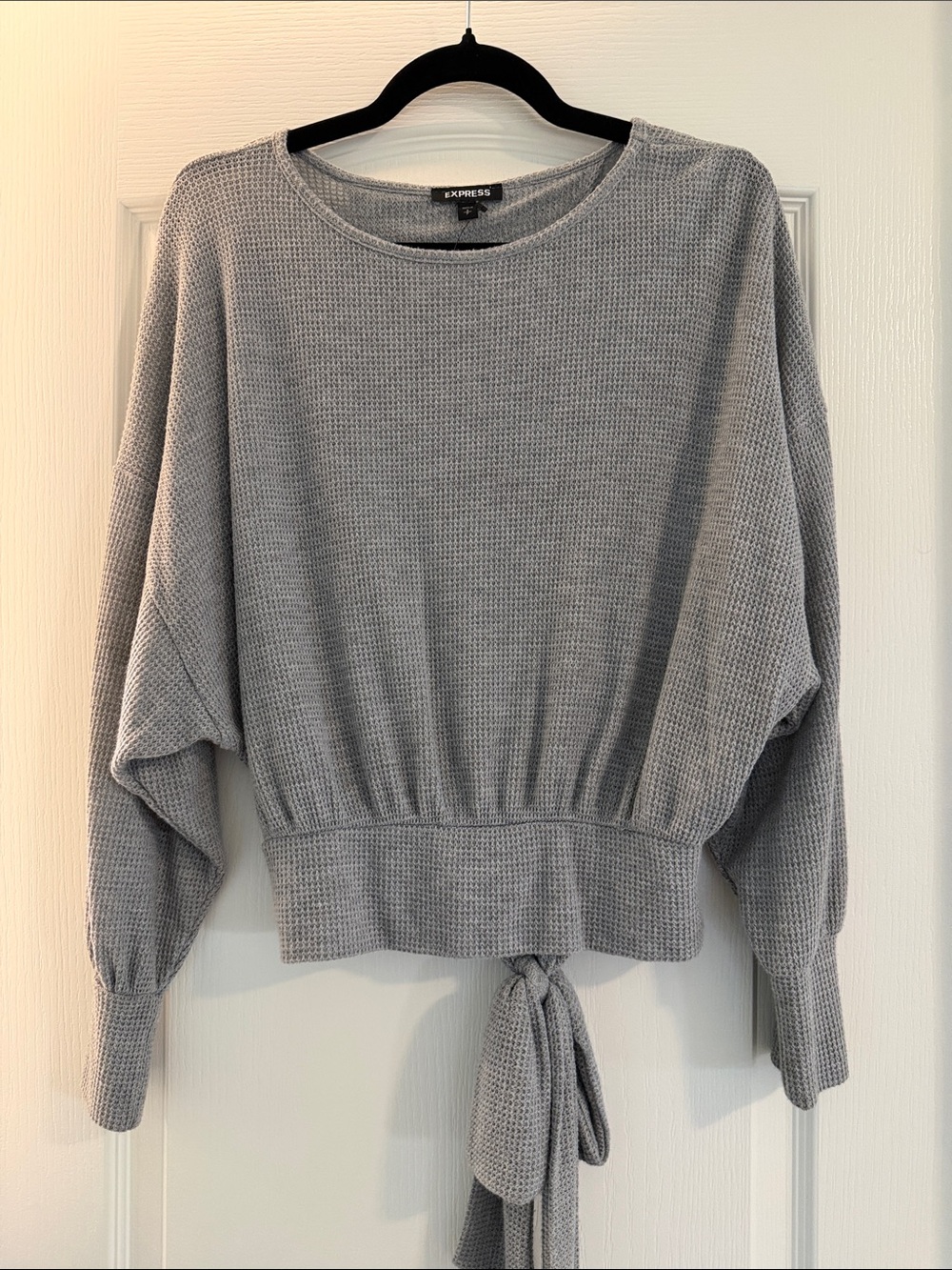Express Light Gray Waffle Knit Tie-Back Top